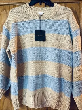 Le Lis Cream and Light Blue Striped Crewneck Sweater Relaxed fit Acrylic XS